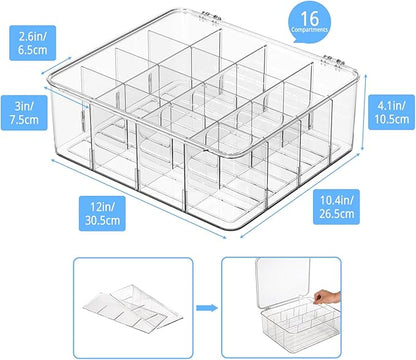 Tea Bag Organizer with Lid: Plastic Storage Bin - 16 Compartments with Removable Dividers, Stackable Pantry Storage Box for Drawers, Countertops, Fridge, Kitchen (2 Pack)