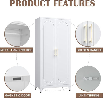 SteeLoong 71" Metal Armoire Wardrobe Closet with Doors，Tall Clothing Storage Cabinet with Adjustable Shelves and Hanging Rod,White Wardrobe Closet for Bedroom,Home,Office,Gym