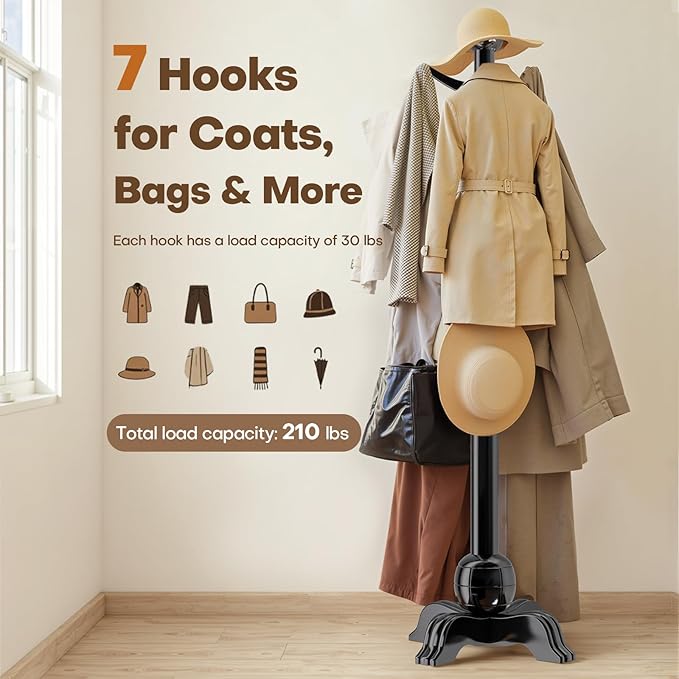 Hall Tree, Freestanding Wood Tree Rack with 7 Hooks, Coat Rack with Stable Sphere Base, Wooden Coat Rack Stand, Load 210 lb, Coat Hanger Stand for Entryway, Hallway, Bedroom (Black)