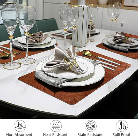 SolaraDawn Faux Leather Table Placemats Set of 6, Washable, Wipeable & Heat-Resistant Table Mats, Waterproof Dining Place Mats with Embossed Texture for Kitchen & Dining, Caramel Brown, 17" × 12"