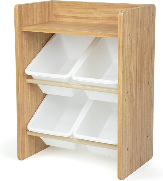 Humble Crew 4-Bin Storage End Table – Nightstand with Natural Wood Frame & White Plastic Bins, 2-Tier Organizer with Shelf for Bedrooms, Dorms & Small Spaces