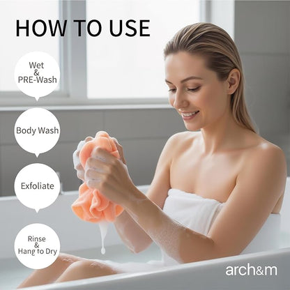 ARCH&M Exfoliating Washcloth, Korean & Japanese Style, 3 Pack | Orange Purple Navy-Blue, Nylon Back Scrubber, Daily Use Deep Clean & Smooth Skin, More Hygienic Than Loofah