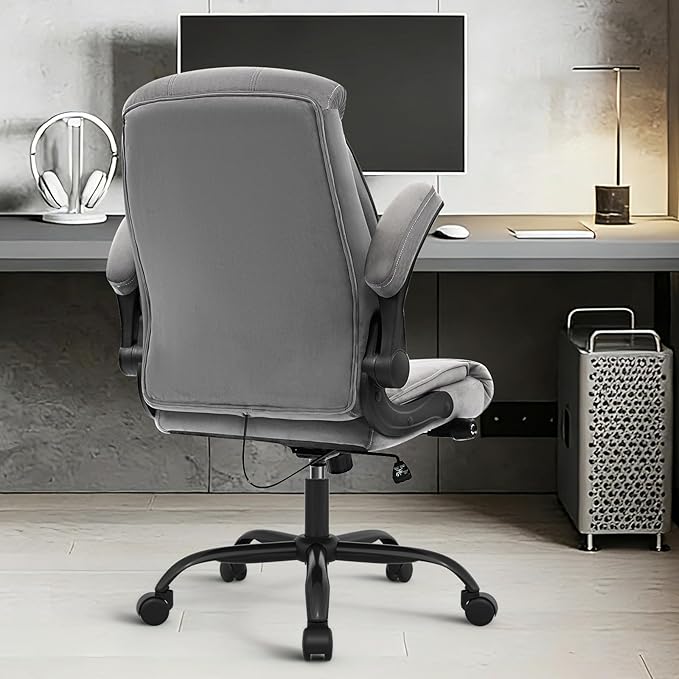 YAMASORO Executive Office Chair,Big and Tall Ergonomic Desk Chair with Adjustable Lumbar Support, Comfortable Computer Chair wih Flip-up Arms and Wheels, Gray