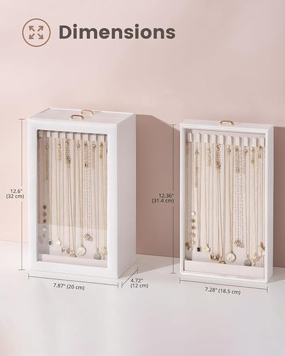 Lolalet Upgraded Double-Sided Hanging Necklace Organizer Box, Jewelry Display Case with Double-Sided Clear Window for Necklaces Bracelets, Tangle-Free Necklace Storage Box, White, 2-Layer 40 Hooks