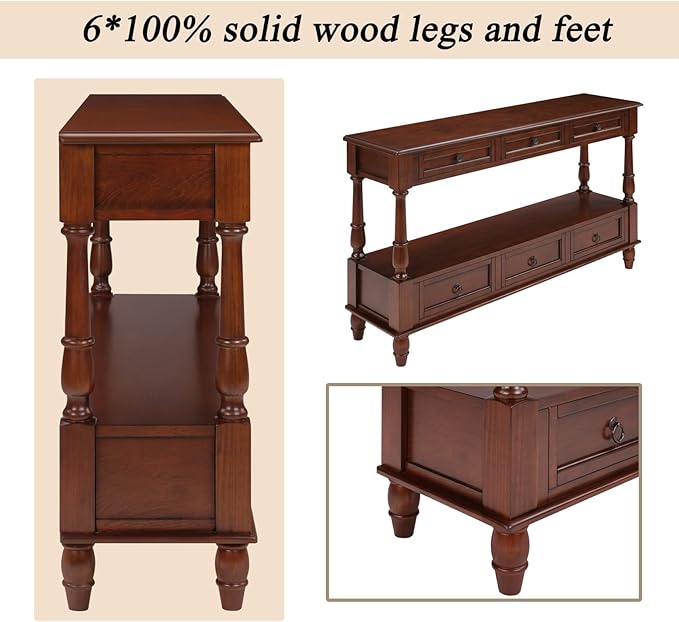 KEIKI 54”L Pine Solid Wood Entryway Console Table with 6 Storage Drawers, Vintage Behind Couch Sofa Table with 2 Tiers Open Shelf for Hallway, Entrance, Entry Way, Living Room, Foyer