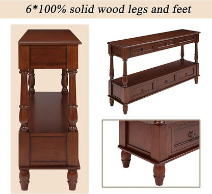KEIKI 54”L Pine Solid Wood Entryway Console Table with 6 Storage Drawers, Vintage Behind Couch Sofa Table with 2 Tiers Open Shelf for Hallway, Entrance, Entry Way, Living Room, Foyer
