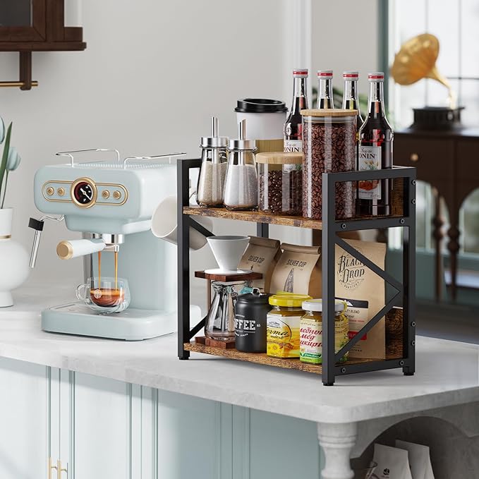 RUILALIFE Coffee-Bar-Station-Organizer Shelf for Countertop, 2 Tiers Kitchen Counter Shelf Riser, Wooden Spice Rack Organizer, Coffee Bar Accessories(Rustic Brown, Large)