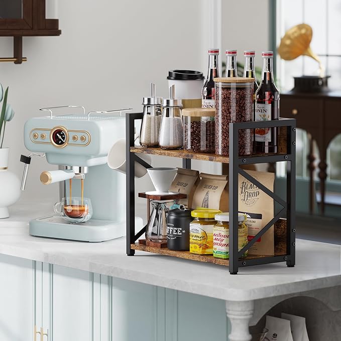 Spice-Rack-Organizer-Shelf for Kitchen Counter, 2 Tiers Coffee Bar Station Organizer for Countertop，Space Saving Desk Shelving Riser Unit (Rustic Brown, Small)