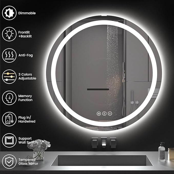 Round LED Bathroom Mirror with Lights, Backlit & Front Lighted, Wall-Mounted Vanity Mirror 3000K/4000K/6000K, Memory Functions, Anti-Fog, Dimmable Smart Mirror (Round 30" x 30")