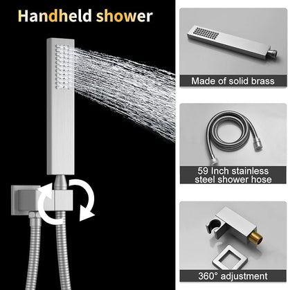 AYIVG Brushed Nickel 4 Function Dual Rainfall Shower Head System Multi Functions Thermostatic Full Body Shower System 16 X 26 Inch And 8 inch Rainfall Ceiling Shower Head Faucet Set