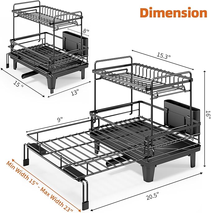 Urackify Dish Drying Rack - Large Dish Racks for Kitchen Counter, Extendable Sink Dish Drainer, Rustproof Dish Strainer with Utensil Holder, 2 Tier Black