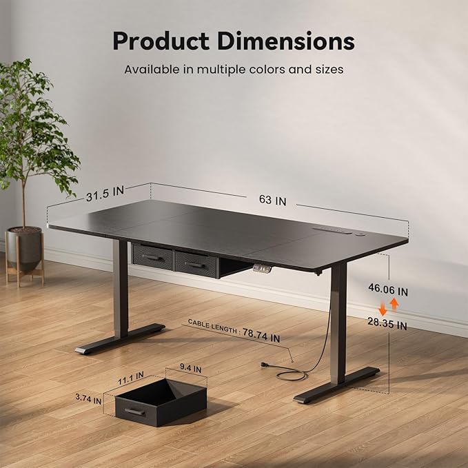 HLDIRECT Electric Standing Desk, 63 x 31.5 Inches Height Adjustable Table with Outlets, Sit Stand Computer Desk with Drawers for Home Office, Ergonomic Rising Workstation, Black