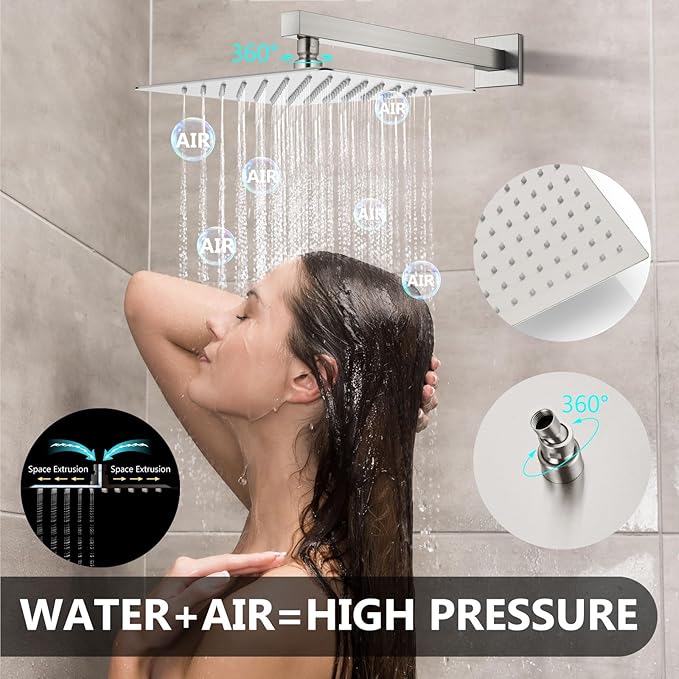 Shower Faucet Set Rainfall Shower System with Square Showerhead and Handle Set Fixture with 2 in 1 Function Handheld Sprayer Wall Mounted Trim Repair Kit Rough-in Valve 12 Inch Brushed Nickel