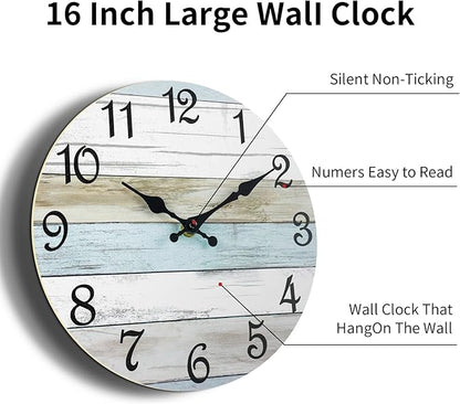 CHYLIN Wall Clock - 16 Inch Silent Non Ticking Coastal Wall Clocks Battery Operated, Wooden Rustic Farmhouse Clock Decorative for Living Room, Kitchen, Bathroom, Office (Blue)