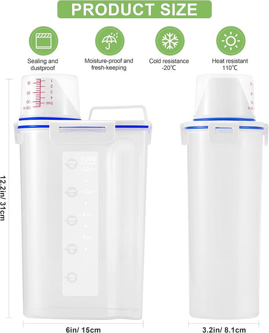 4 Pcs Set Rice Storage Container 5.5lb, Rice Dispenser with Measuring Cup & Pour Spout for Flour Pasta Grain Pet Dog Cat Bird Food Storage Container