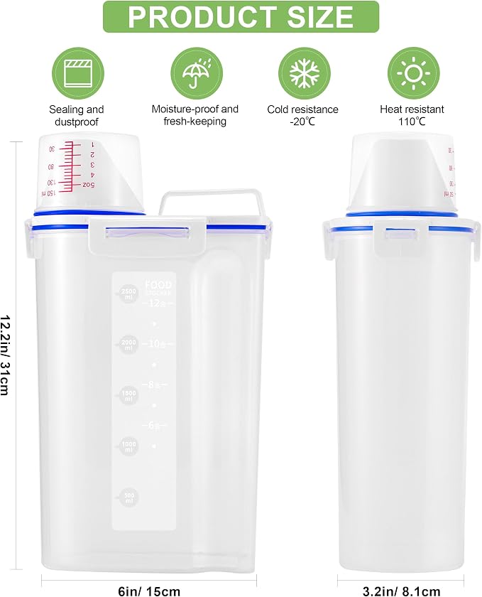 2 Pcs 5.5Lbs Rice Dispenser Storage Containers, Rice Container with Measuring Cup & Pour Spout, Kitchen Plastic Airtight Container for Cereal, Grain, Flour, Sugar, Oatmeal, Dry Pet Dog Food