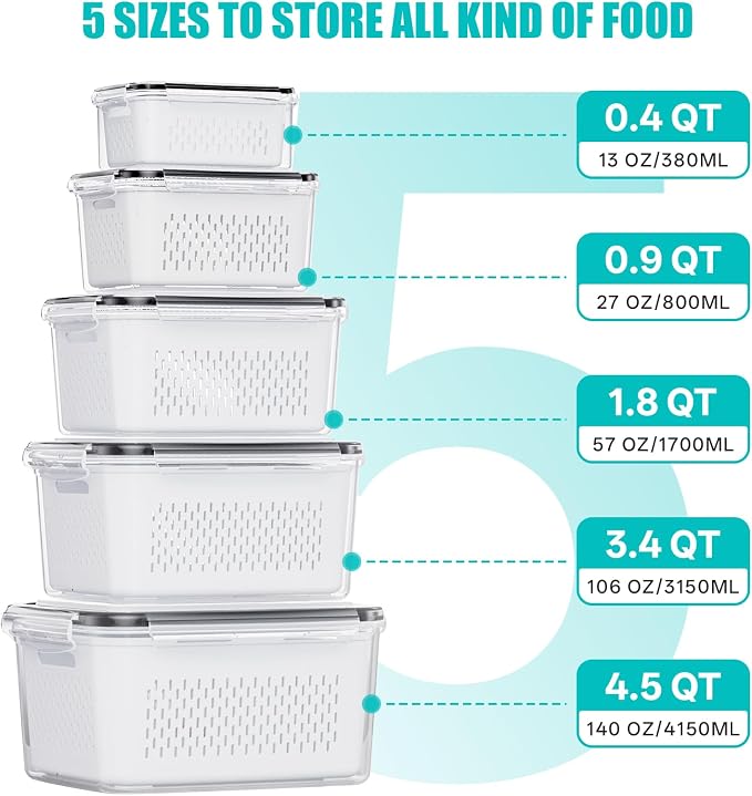 HOMETALL 5 Pack Fruit Storage Containers for Fridge Set, Fruit Washing Bowl with Strainer, Reusable Fridge Organizers and Storage for Berry Salad Lettuce, Size 4.5, 3.4, 1.8, 0.9, 0.4QT