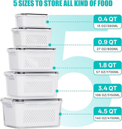 HOMETALL 5 Pack Fruit Storage Containers for Fridge Set, Fruit Washing Bowl with Strainer, Reusable Fridge Organizers and Storage for Berry Salad Lettuce, Size 4.5, 3.4, 1.8, 0.9, 0.4QT