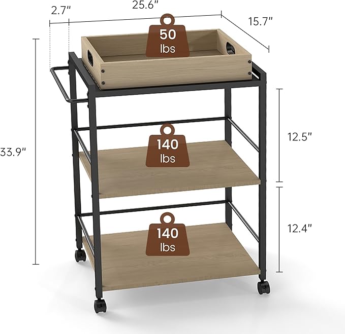 3 Tier Kitchen Cart, Rolling Bar Cart for Tea, Coffee, Liquor, and Drink Service with Removable Serving Detachable Server, Natural Oak