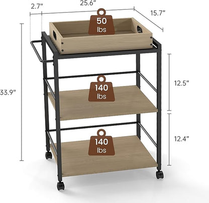 3 Tier Kitchen Cart, Rolling Bar Cart for Tea, Coffee, Liquor, and Drink Service with Removable Serving Detachable Server, Natural Oak