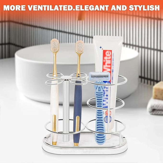 Toothbrush Holder Stand for Bathroom, Metal Toothbrush Organizer with Marble Base, Toothbrush Storage Collection for Family, Suitable for Home Hotel Countertop Vanity (Medium, Chrome Finish)