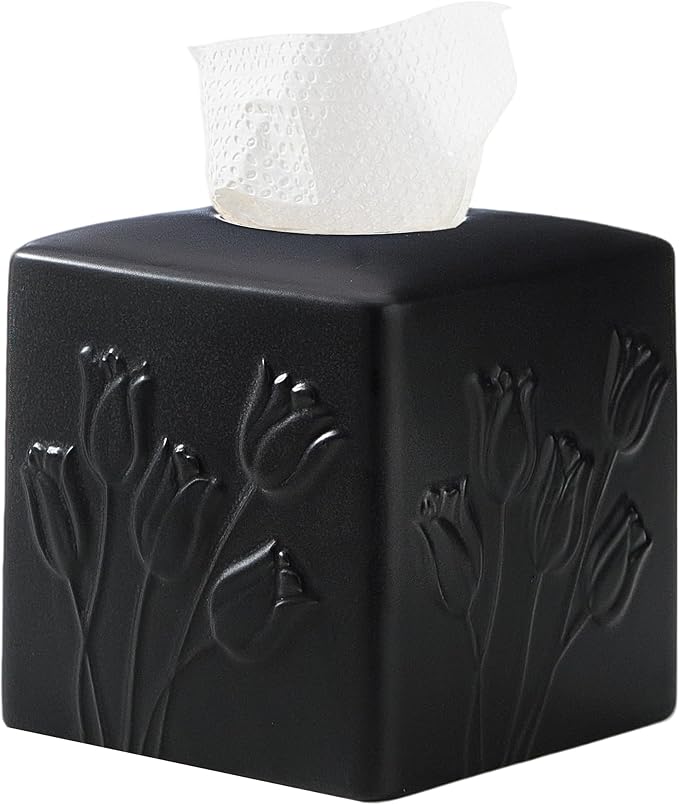 Black Ceramic Tulips Tissue Box Cover - Modern Square Decorative Organizer for Facial Tissues, Farmhouse Style Home Decor for Bathroom, Bedroom, Living Room & Office