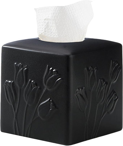 Black Ceramic Tulips Tissue Box Cover - Modern Square Decorative Organizer for Facial Tissues, Farmhouse Style Home Decor for Bathroom, Bedroom, Living Room & Office