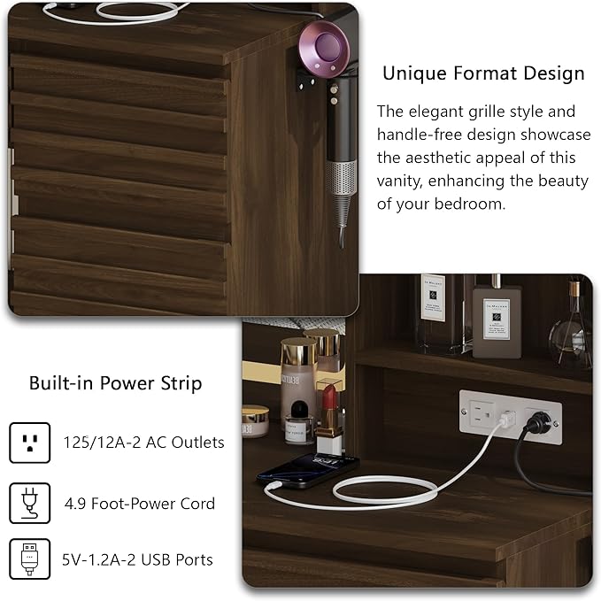 Fluted Vanity Desk with HD Mirror and Lights, Wood Makeup Vanity Table with 4 Drawers & Open Shelves, Mid Century Dressing Table Set with Charging Station, 3 Color Lighting Modes for Bedroom, Walnut