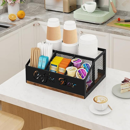 Coffee Station Organizer, Rustic Brown Wooden Countertop Coffee Bar Accessories Organizer with Metal Mesh Compartments for Pods, Syrup, Cups, Stirrer, Tea