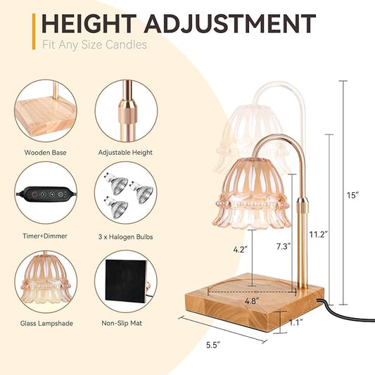 TOACSUCP Candle Warmer Lamp with 3 Bulbs, Adjustable Height Dimmable Candle Warmer with Timer, Compatible with Large Jar Candles, Flower Candle Warmer with Charming Gift Box Ribbon(Light Yellow)