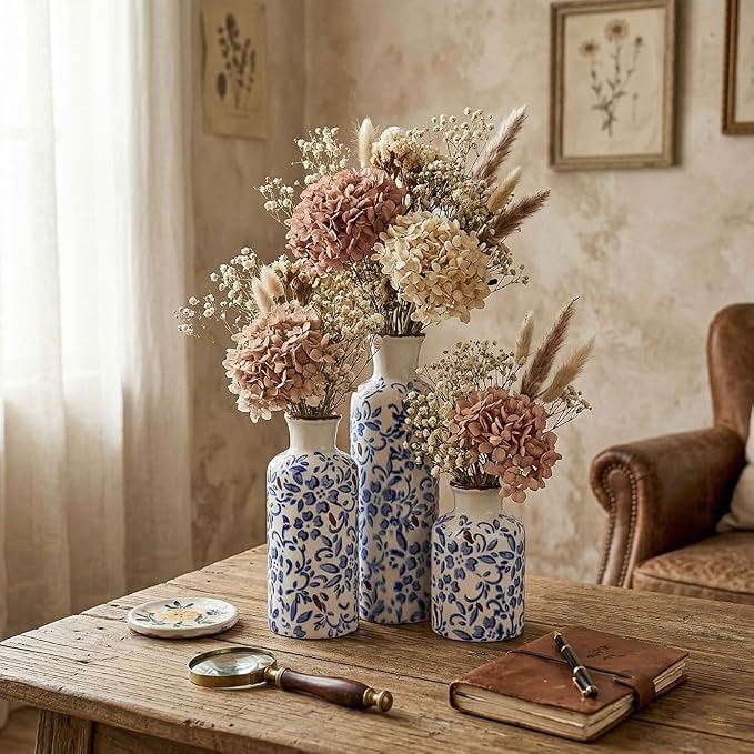 Chinoiserie Decor Ceramic Vases Set - 3 Blue and White Vase, Chinoiserie Vase Farmhouse Country, Flower Vases Home Decor, Living Room Decoration, Entrance, Fireplace, Table Decoration, Centerpieces