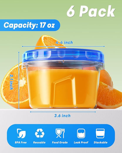 6 Pack-17oz Freezer Storage Containers, Plastic Food Storage Containers with Twist Top Lids, BPA Free and Reusable Soup Containers with Lid, Microwave and Dishwasher Safe