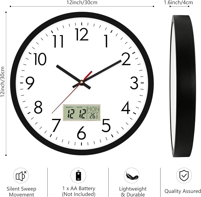 Lumuasky Wall Clock Digital 12" Non-Ticking Silent Battery Operated Analog with LCD Display for Perpetual Calendar and C° Temperature, Ideal Modern Home, Bedroom, Kitchen, Office Decor