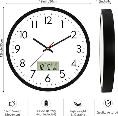 Lumuasky Wall Clock Digital 12" Non-Ticking Silent Battery Operated Analog with LCD Display for Perpetual Calendar and C° Temperature, Ideal Modern Home, Bedroom, Kitchen, Office Decor