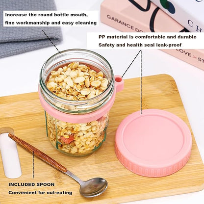 Glass Overnight Oat Containers with Lids & Spoons 10 oz Clear Mason Overnight Oats Jars with Measurement Marks Airtight Leak-Proof Cereal, Milk, Vegetable and fruit Salad Storage Container 2 Packs