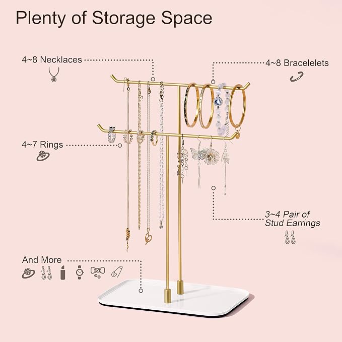 bussdis Gold Jewelry Organizer Necklace Holder Stand: 2-Tier T-Bar Display with White Metal Tray, Holds Necklaces Bracelets Earrings, Countertop Jewelry Tree