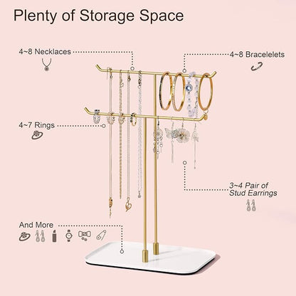 bussdis Gold Jewelry Organizer Necklace Holder Stand: 2-Tier T-Bar Display with White Metal Tray, Holds Necklaces Bracelets Earrings, Countertop Jewelry Tree