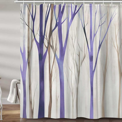 MERCHR Brown Purple Tree Fabric Shower Curtain, Art Style Abstract Birch Forest Rustic Wood Polyester Fabric Waterproof Bath Curtain, Farmhouse Bathroom Shower Curtains with Hooks 60X72 Inch
