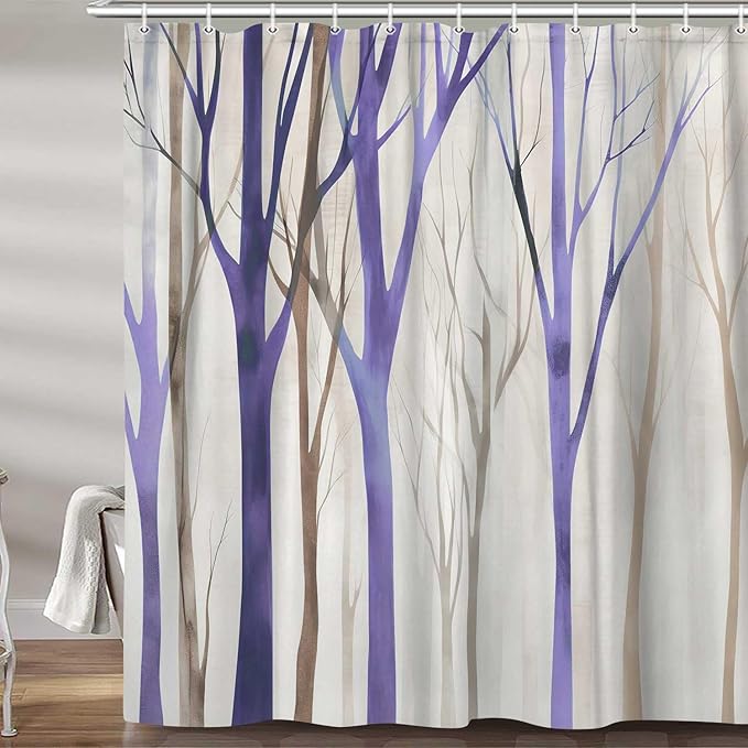 MERCHR Brown Purple Tree Fabric Shower Curtain, Art Style Abstract Birch Forest Rustic Wood Polyester Fabric Waterproof Bath Curtain, Farmhouse Bathroom Shower Curtains with Hooks 72X72 Inch