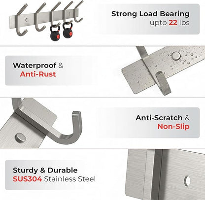 Coat Rack Wall Mount – Brushed Nickel 15 Inch Stainless Steel Hook Rail with 5 Heavy Duty Double Coat Hooks – Wall Mounted Coat Hanger for Entryway, Bathroom, Bedroom, Towel, Hat Organizer - 2 Pack
