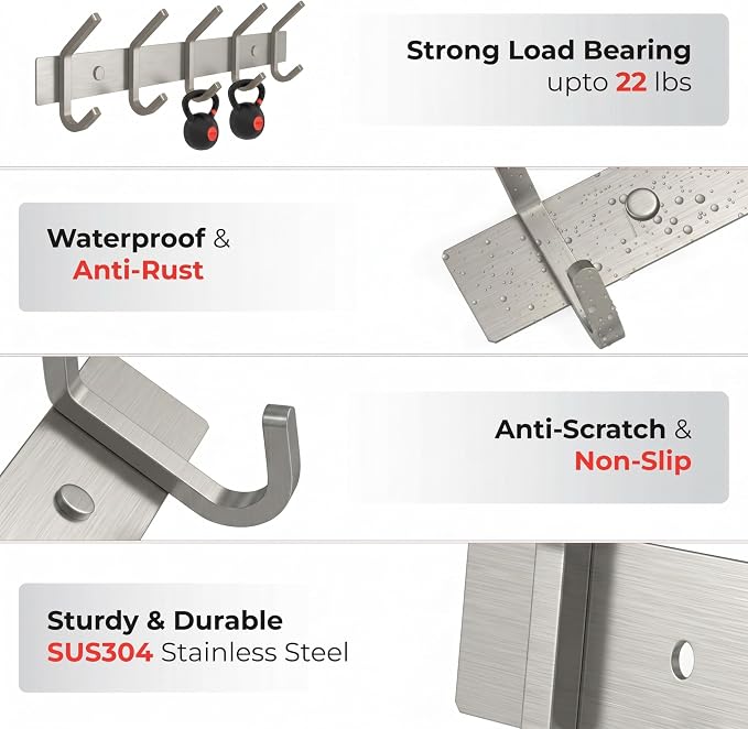 Coat Rack Wall Mount – Brushed Nickel 15 Inch Stainless Steel Hook Rail with 5 Heavy Duty Double Coat Hooks – Wall Mounted Coat Hanger for Entryway, Bathroom, Bedroom, Towel, Hat Organizer
