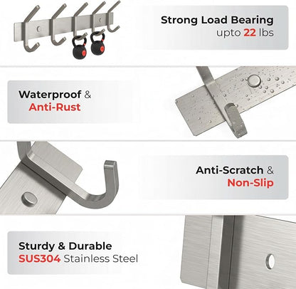 Coat Rack Wall Mount – Brushed Nickel 15 Inch Stainless Steel Hook Rail with 5 Heavy Duty Double Coat Hooks – Wall Mounted Coat Hanger for Entryway, Bathroom, Bedroom, Towel, Hat Organizer