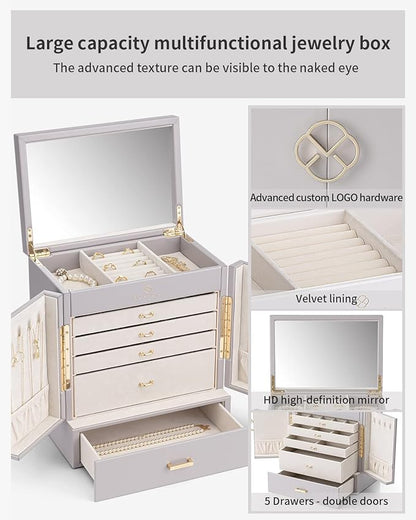 Vlando Large Jewelry Organizer Box, 5-Layer Jewelry Storage Box with Mirror & 4 Drawers for Earrings, Necklaces, Rings and Watch Organizer for Women Girls Mothers Day Gifts for Mom - Grey