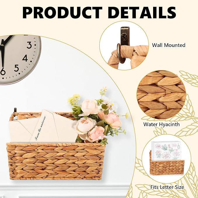 2 Pcs Woven Mail Holder Wall Mount Basket 9.25x1.57 Inch Rattan Wall Letter Holder Wicker Wall Basket Storage Water Hyacinth Hanging Storage Basket with Hooks Magazine Basket for Mail Envelope Office