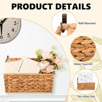 2 Pcs Woven Mail Holder Wall Mount Basket 9.25x1.57 Inch Rattan Wall Letter Holder Wicker Wall Basket Storage Water Hyacinth Hanging Storage Basket with Hooks Magazine Basket for Mail Envelope Office