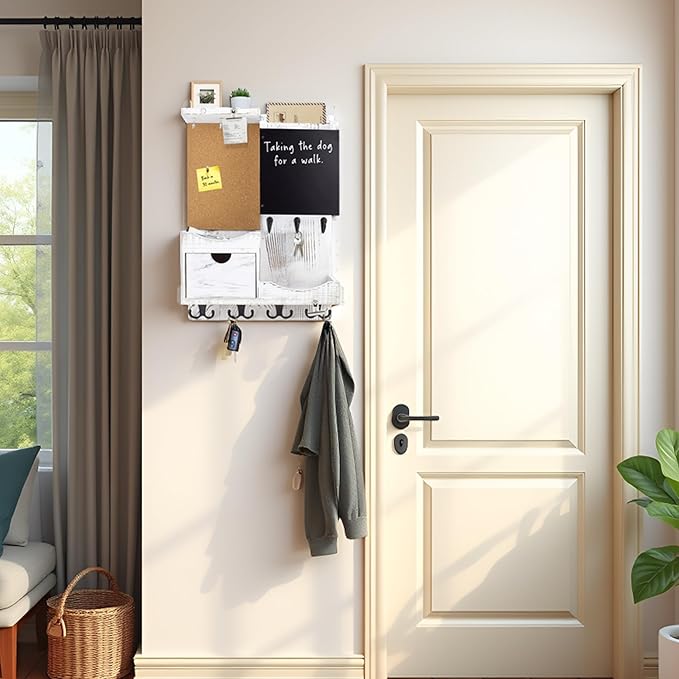 Key Holder Wall Mount， Mail Organizer Key Holder for Wall with Shelf, Drawer, Chalkboard, Corkboard, Home Decor Wall Mounted for Room Entryway(Whitewashed)