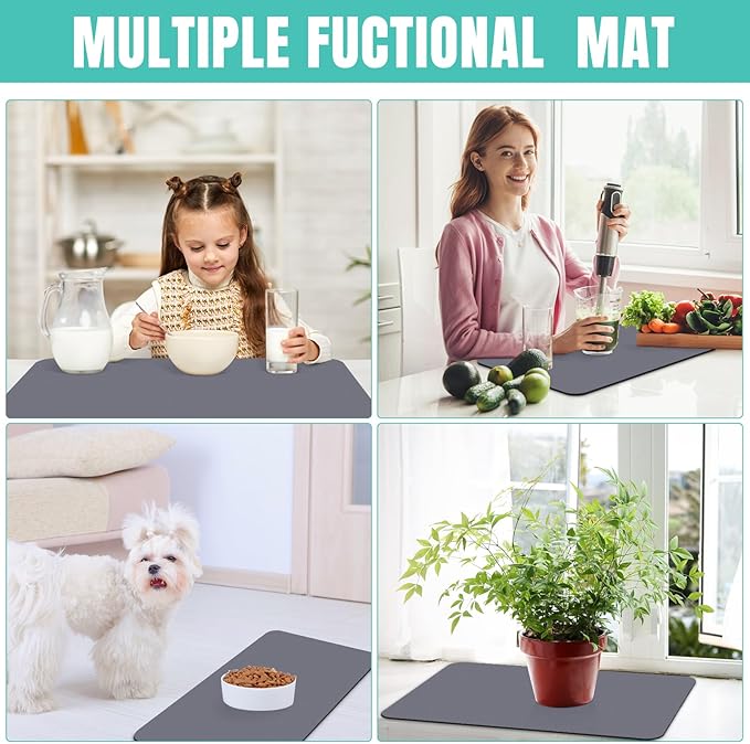 WISELIFE Coffee Mat Super Absorbent Dish Drying Mat - Large Drying Mats for Kitchen Counter 16" W x 24" L, Grey