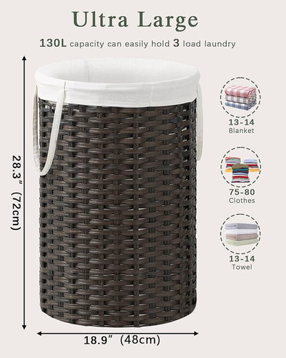 SETVSON 34.3 Gal (130 L) Large Laundry Hamper Laundry Basket Round Handwoven Wicker Laundry Baskets Rattan Laundry Basket with Removable Bag Handles 2 Mesh Bags for Living Room Bedroom Brown (No Lid)