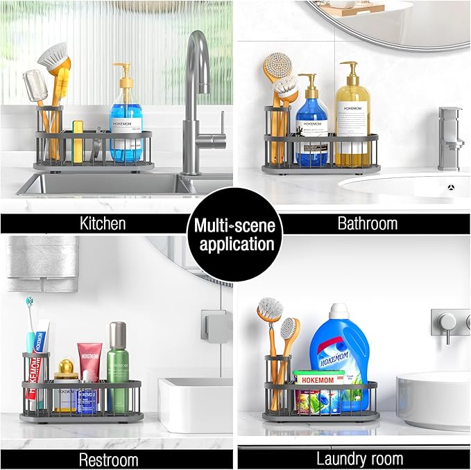 HOKEMOM Grey Sponge Holder for Kitchen Sink,Sink caddy organizer - 2.6mm Thick 304 Stainless Steel Caddy with Rust-Proof Coating, Non-Slip No-Drain Base. Dimensions: 9.84" x 4.72" x 5.83"