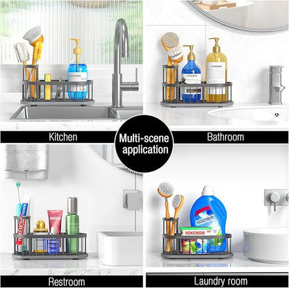HOKEMOM Grey Sponge Holder for Kitchen Sink,Sink caddy organizer - 2.6mm Thick 304 Stainless Steel Caddy with Rust-Proof Coating, Non-Slip No-Drain Base. Dimensions: 9.84" x 4.72" x 5.83"